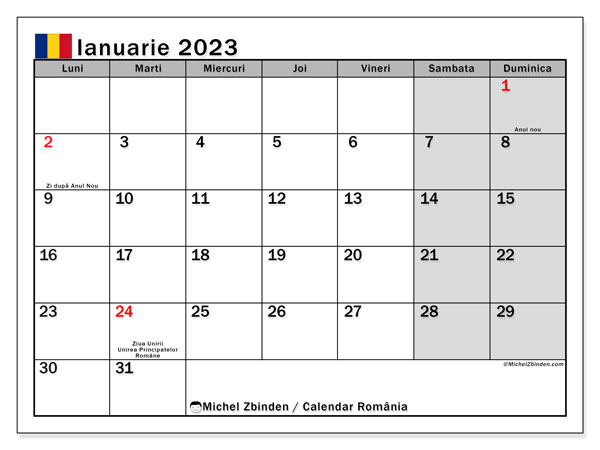 Calendar pentru imprimare, ianuarie 2023, România