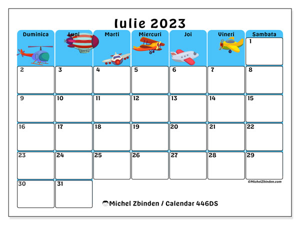 Calendar iulie 2023, 446DS. Program imprimabil gratuit.