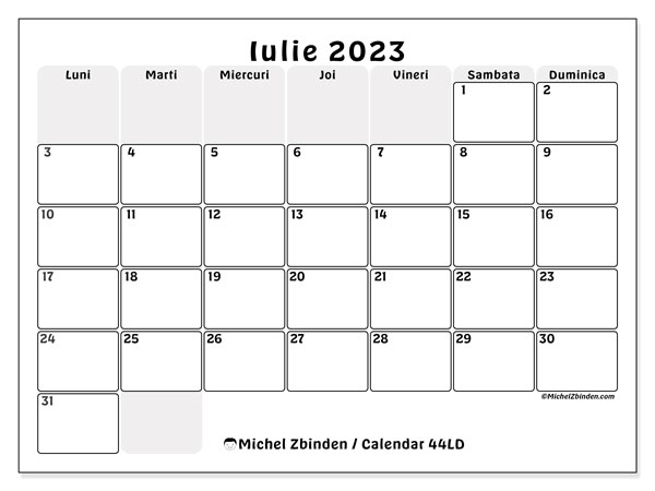 Calendar pentru imprimare, iulie 2023, 44LD