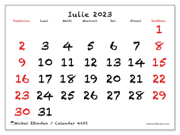 Calendar iulie 2023, 46DS. Program imprimabil gratuit.