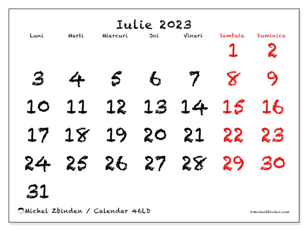 Calendar iulie 2023, 46LD. Program imprimabil gratuit.