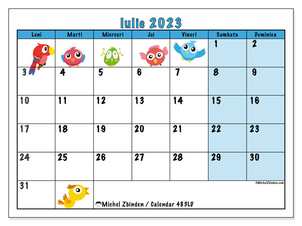 Calendar iulie 2023 “483”. Program imprimabil gratuit.. Luni până duminică