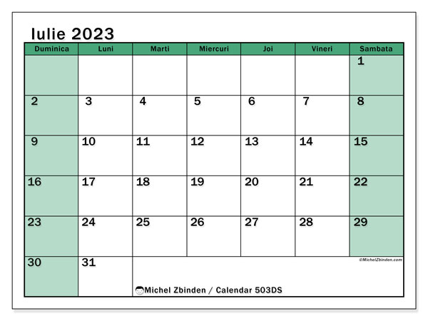Calendar iulie 2023 pentru imprimare. Calendarul lunar “503DS” și planificator gratuit de tipărit