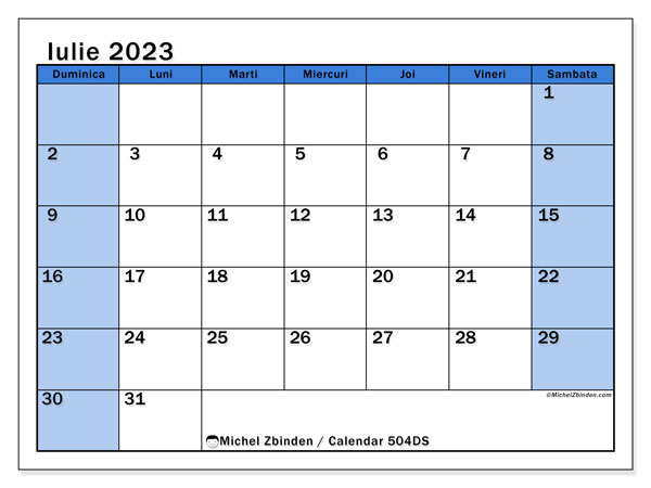 Calendar iulie 2023, 504DS. Program imprimabil gratuit.