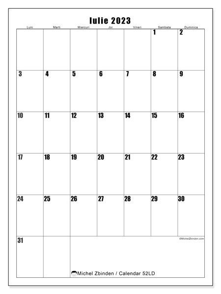 Calendar pentru imprimare, iulie 2023, 52LD