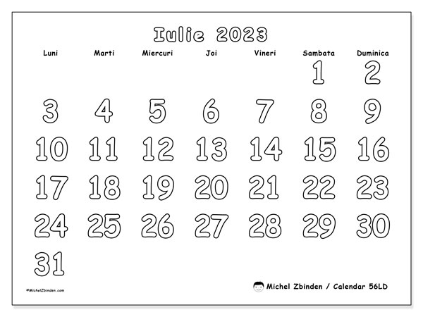 Calendar iulie 2023 pentru imprimare. Calendarul lunar “56LD” și jurnal gratuit pentru imprimare