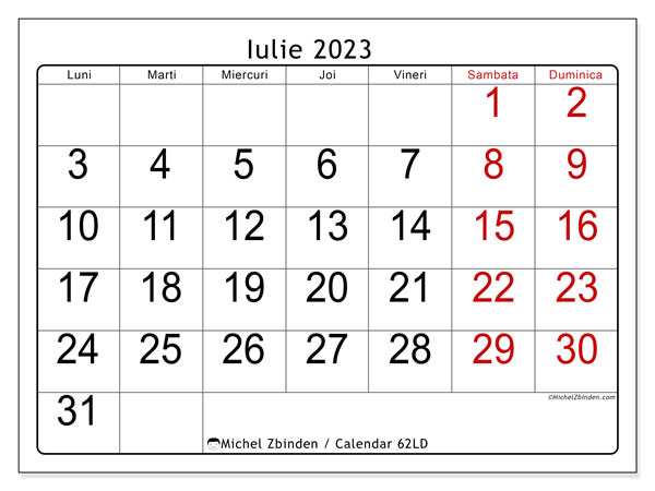 Calendar iulie 2023, 62LD. Program imprimabil gratuit.