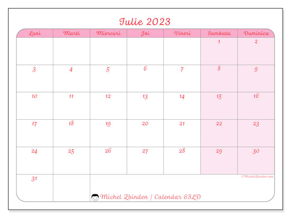 Calendar pentru imprimare, iulie 2023, 63LD