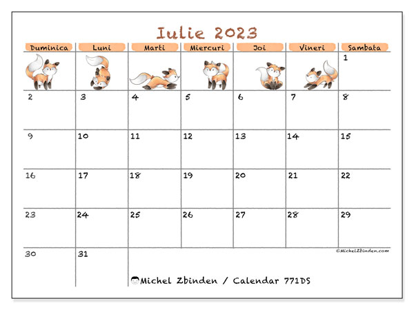 Calendar iulie 2023, 771DS. Program imprimabil gratuit.