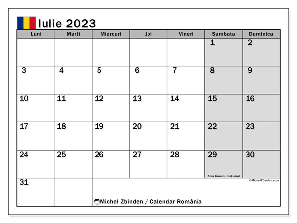Kalendarz lipiec 2023, Rumunia (RO). Darmowy plan do druku.