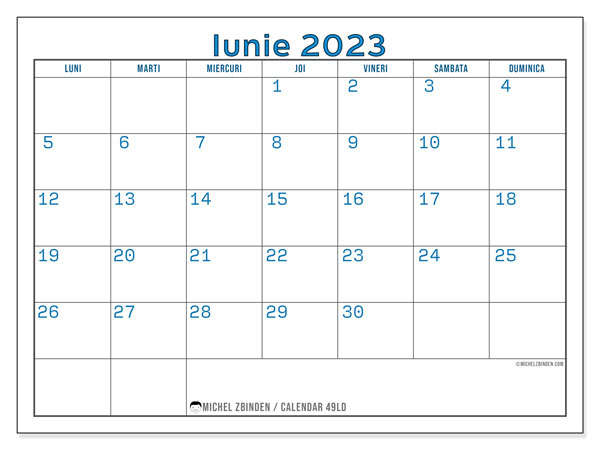 Calendar iunie 2023, 49LD. Plan pentru imprimare gratuit.