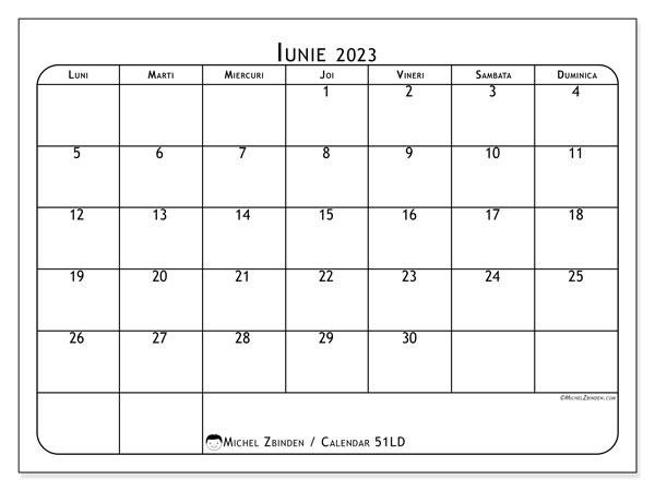Calendar iunie 2023, 51LD. Plan pentru imprimare gratuit.