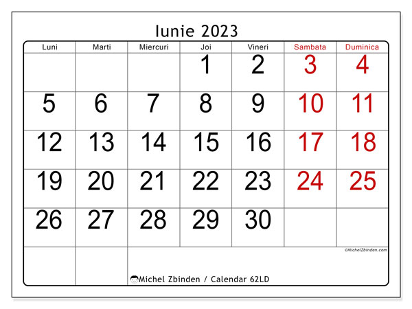 Calendar pentru imprimare, iunie 2023, 62LD