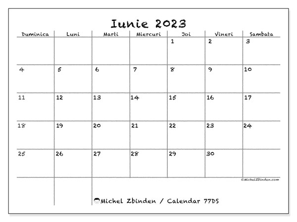 Calendar iunie 2023, 77DS. Plan pentru imprimare gratuit.