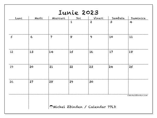 Calendar pentru imprimare, iunie 2023, 77LD