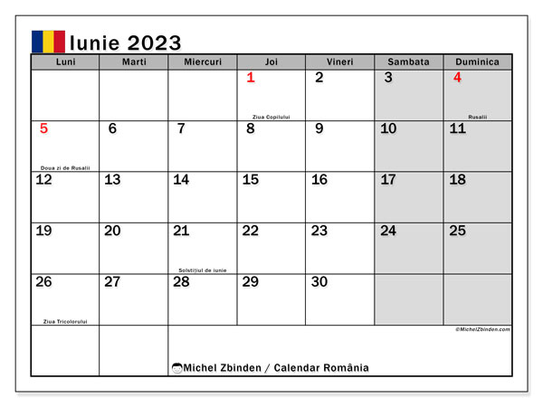 Kalendarz czerwiec 2023, Rumunia (RO). Darmowy plan do druku.