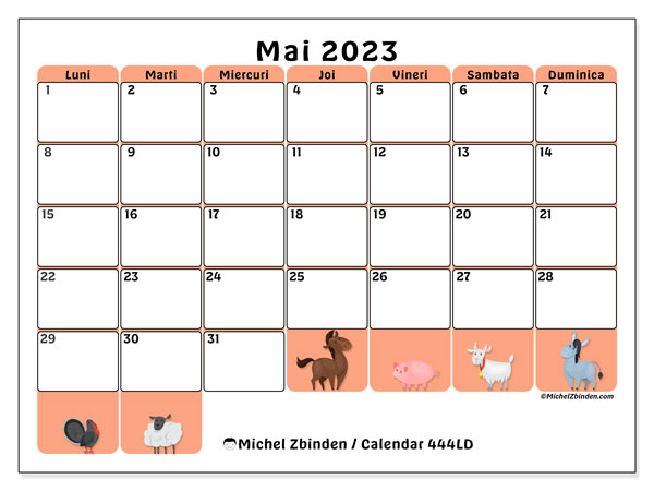 444LD, calendar mai 2023, pentru tipar, gratuit.