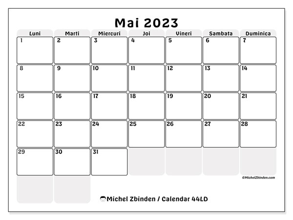 44LD, calendar mai 2023, pentru tipar, gratuit.