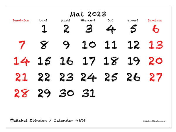 Calendar mai 2023, 46DS. Plan pentru imprimare gratuit.