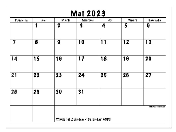 Calendar mai 2023, 48DS. Calendar pentru imprimare gratuit.
