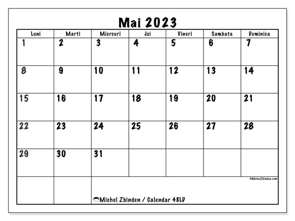 48LD, calendar mai 2023, pentru tipar, gratuit.