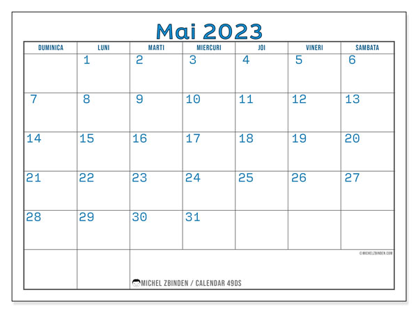 Calendar mai 2023, 49DS. Plan pentru imprimare gratuit.