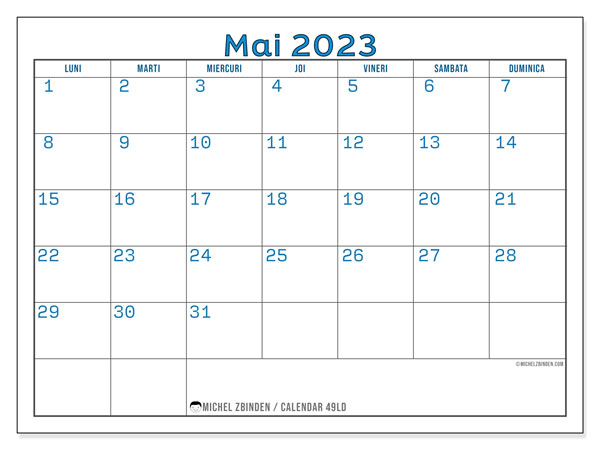 Calendar mai 2023, 49LD. Calendar pentru imprimare gratuit.