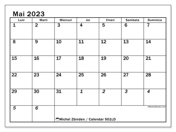 501LD, calendar mai 2023, pentru tipar, gratuit.