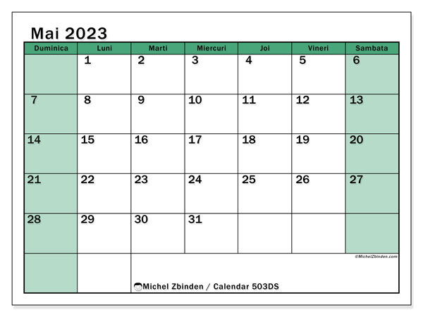 Calendar mai 2023, 503DS. Calendar pentru imprimare gratuit.