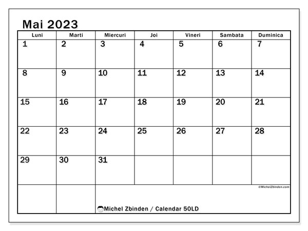 Calendar mai 2023, 50LD. Plan pentru imprimare gratuit.