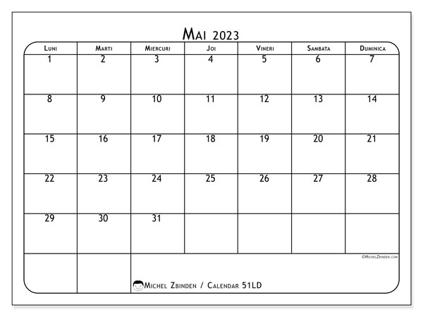 51LD, calendar mai 2023, pentru tipar, gratuit.