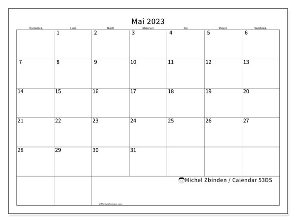 Calendar mai 2023, 53DS. Calendar pentru imprimare gratuit.