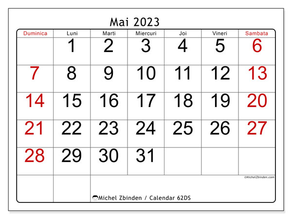 Calendar mai 2023, 62DS. Plan pentru imprimare gratuit.