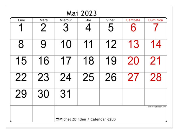62LD, calendar mai 2023, pentru tipar, gratuit.