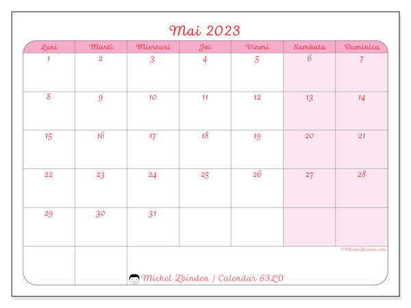 Calendar pentru imprimare, mai 2023, 63LD