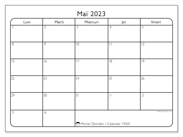 Calendar mai 2023, 74DS. Plan pentru imprimare gratuit.