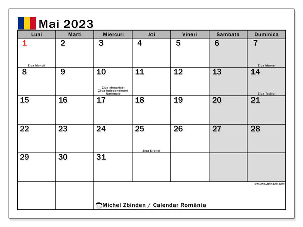 Calendrier mai 2023, Roumanie (RO), prêt à imprimer et gratuit.