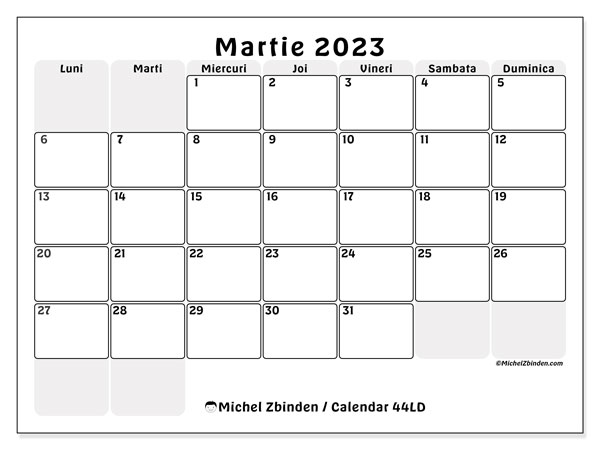 Calendar pentru imprimare, martie 2023, 44LD