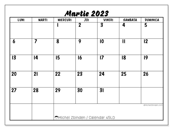 Calendar pentru imprimare, martie 2023, 45LD