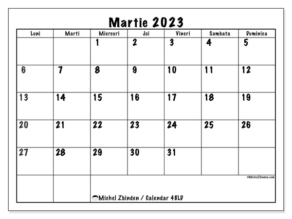 Calendar pentru imprimare, martie 2023, 48LD