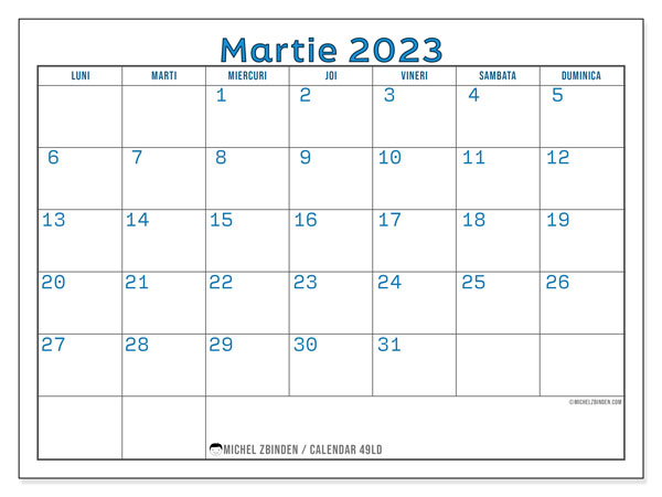 Calendar pentru imprimare, martie 2023, 49LD
