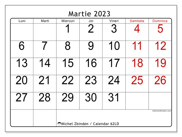 Calendar pentru imprimare, martie 2023, 62LD