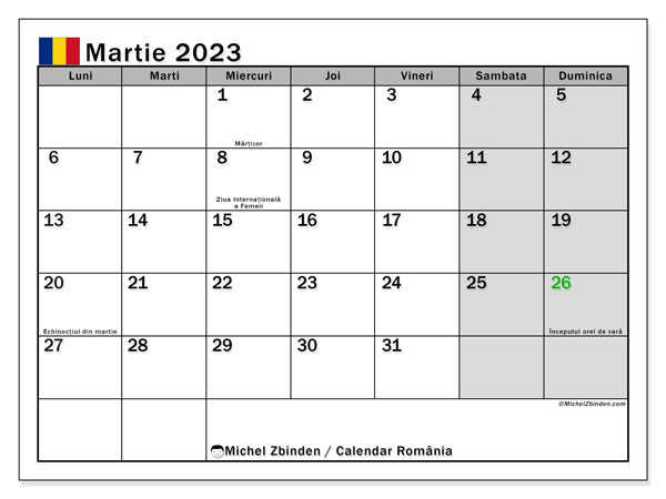 Calendar pentru imprimare, martie 2023, România