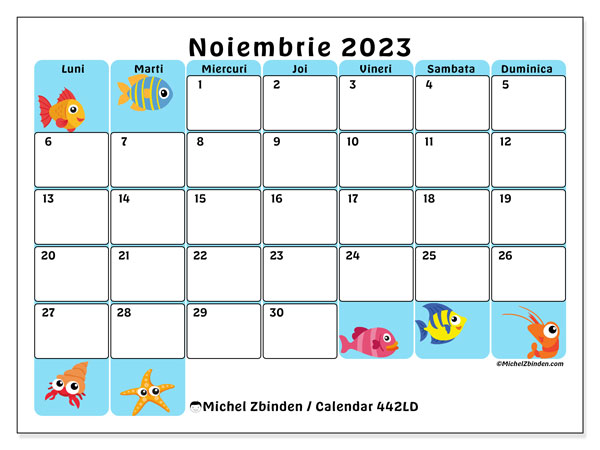Calendar noiembrie 2023, 442LD. Plan pentru imprimare gratuit.