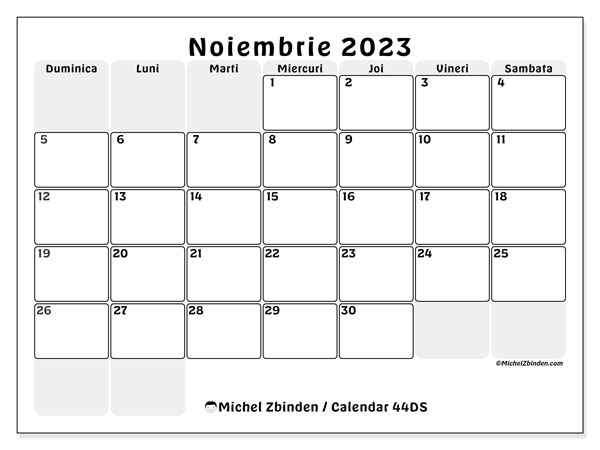 Calendar noiembrie 2023, 44DS. Calendar pentru imprimare gratuit.