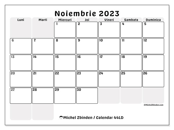 Calendar noiembrie 2023, 44LD. Calendar pentru imprimare gratuit.