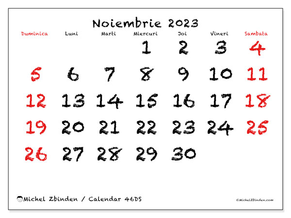 Calendar noiembrie 2023, 46DS. Calendar pentru imprimare gratuit.