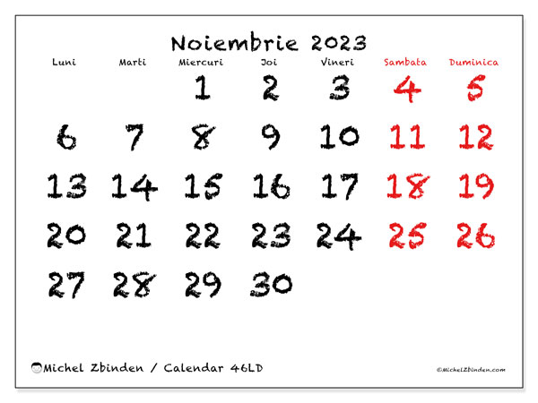 Calendar noiembrie 2023, 46LD. Calendar pentru imprimare gratuit.