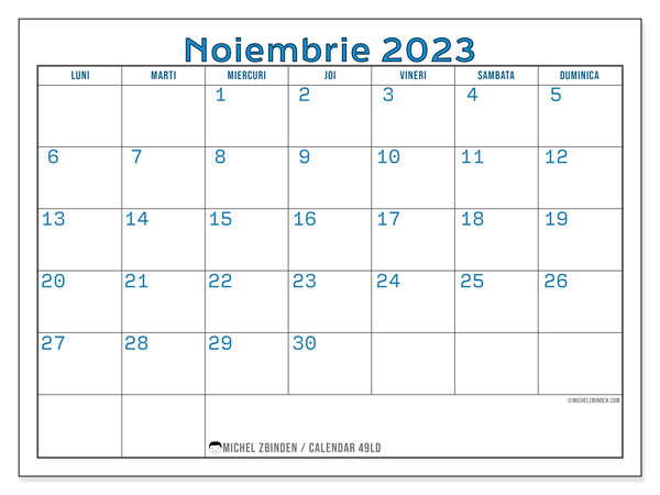 Calendar noiembrie 2023, 49LD. Calendar pentru imprimare gratuit.