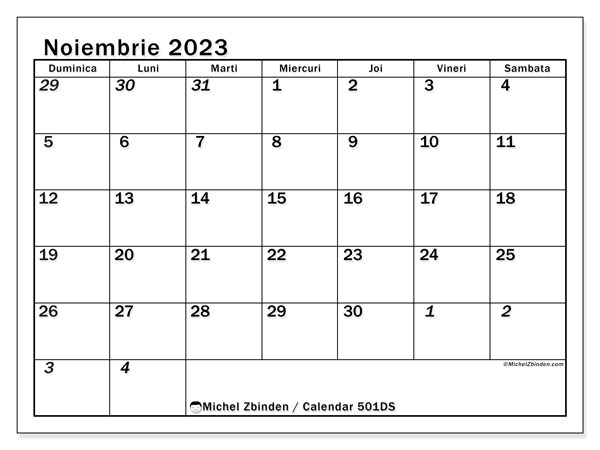 Calendar noiembrie 2023, 501DS. Calendar pentru imprimare gratuit.